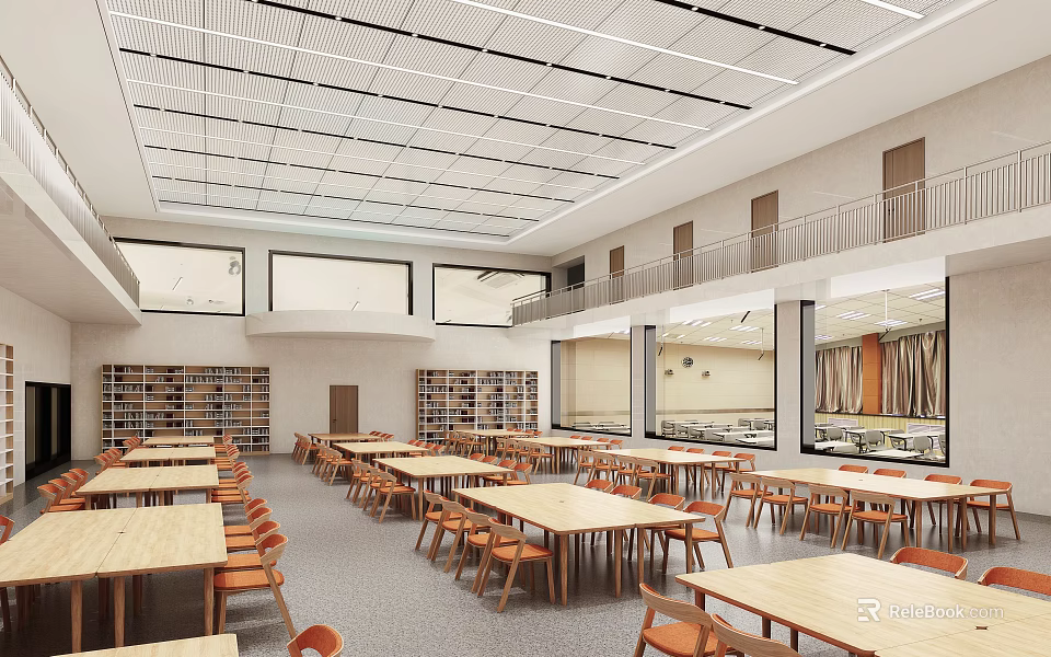 Modern Dining Hall With Wooden Tables Chairs And Bookshelves 3d model 
