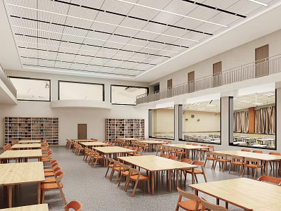 Modern Dining Hall With Wooden Tables Chairs And Bookshelves 3d model