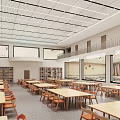 Modern Dining Hall With Wooden Tables Chairs And Bookshelves