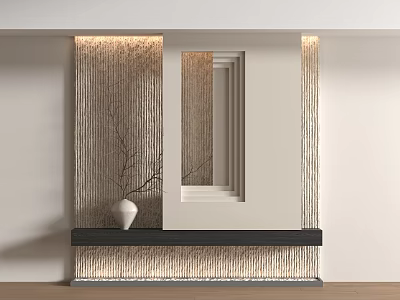 Modern Entryway Hallway With Vertical Striped Wall Mirror Black Bench White Vase And Branches 3d model