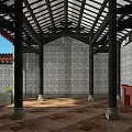 Ancient Chinese Architecture with Curved Eaves Gray Brick Walls Red Lanterns and Door Decorations