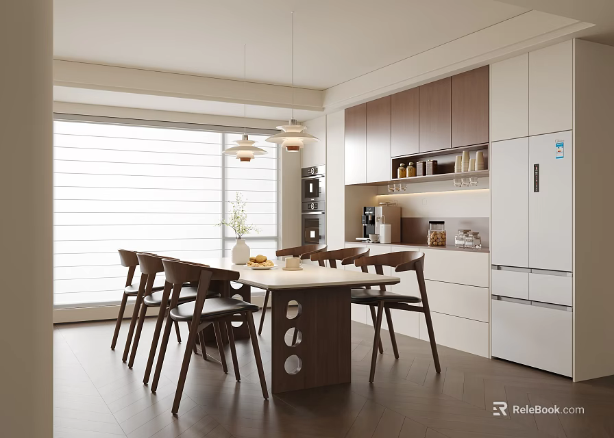 Modern Restaurant Interior Featuring Dining Table Chairs Cabinets And Pendant Lights 3d model 