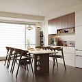 Modern Restaurant Interior Featuring Dining Table Chairs Cabinets And Pendant Lights