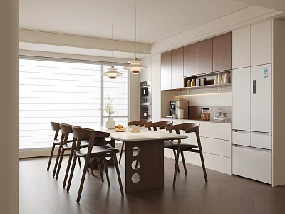Modern Restaurant Interior Featuring Dining Table Chairs Cabinets And Pendant Lights 3d model