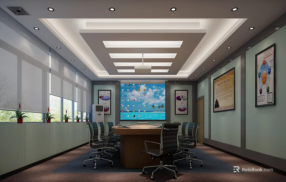 Modern Conference Room With Large Screen Conference Table Chairs Ceiling Lighting And Wall Decor 3d model 