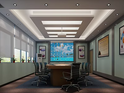 Modern Conference Room With Large Screen Conference Table Chairs Ceiling Lighting And Wall Decor 3d model