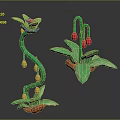 Cartoon Style Plants Featuring Curved Green Stems Yellow Lanterns Red Flowers And Orange Bases