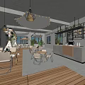 Café Interior Design With Hanging Lights Green Plants Wooden Tables Chairs Counter And Large Windows