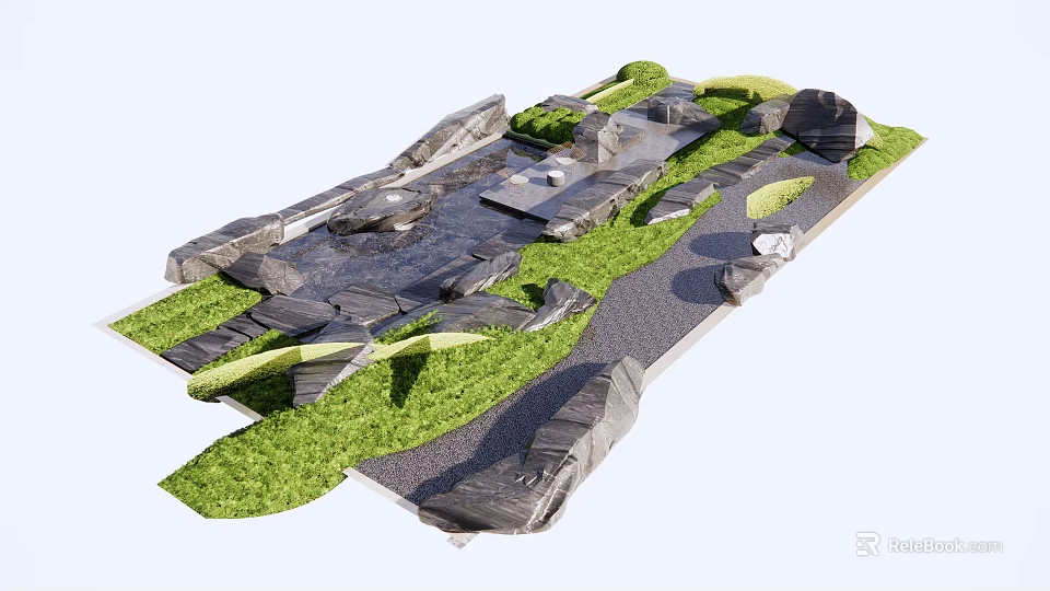 Natural Garden Ornament With Rocks Green Grass Path And Water Feature 3d model 