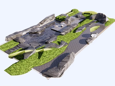 Natural Garden Ornament With Rocks Green Grass Path And Water Feature 3d model