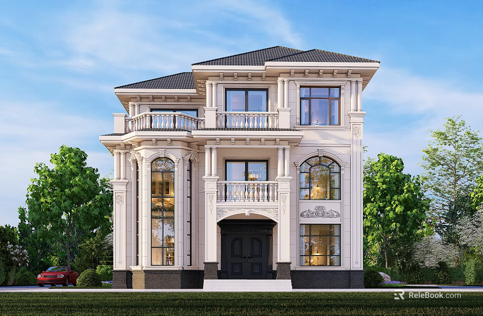 Two Story European Style Detached Villa With White Exterior Black Roof And Arched Windows 3d model 