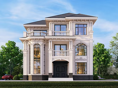 Two Story European Style Detached Villa With White Exterior Black Roof And Arched Windows 3d model