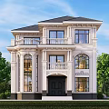 Two Story European Style Detached Villa With White Exterior Black Roof And Arched Windows