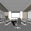 Modern Conference Room With Long Table Chairs Projection Screen Windows And Potted Plant