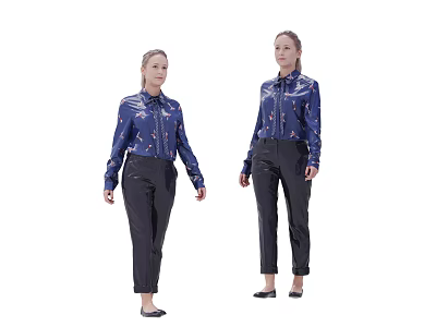 Women Standing in Blue Floral Printed Tops and Black Pants 3d model