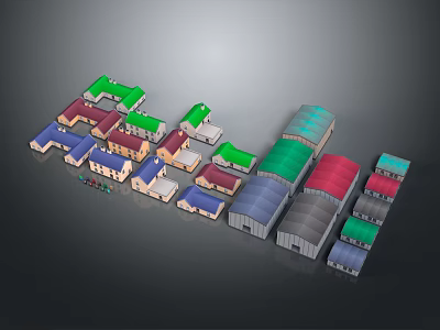 Cartoon Scene With Colorful Roofed Houses And Small Community Buildings 3d model