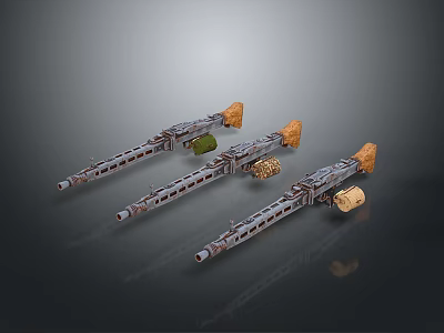 Three Science Fiction Style Weapons With Orange Components And Different Ammunition Displayed Side By Side 3d model