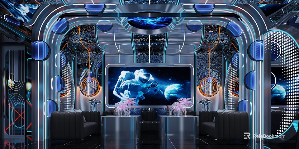 Futuristic Tech KTV Room With Large Screen Blue Lighting Black Sofas Decorative Plants Metallic Design 3d model 