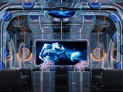 Futuristic Tech KTV Room With Large Screen Blue Lighting Black Sofas Decorative Plants Metallic Design 3d model
