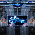 Futuristic Tech KTV Room With Large Screen Blue Lighting Black Sofas Decorative Plants Metallic Design