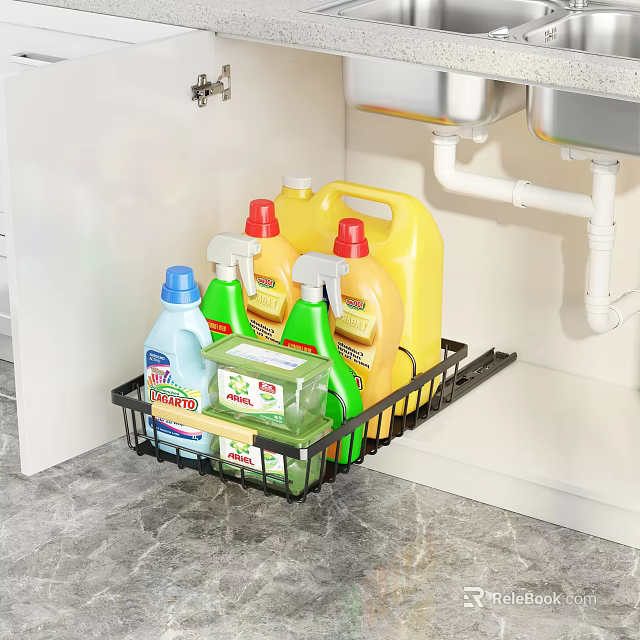 Under Sink Kitchen Storage Shelf Organizing Cleaning Supplies And Detergent Bottles 3d model 