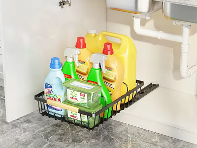 Under Sink Kitchen Storage Shelf Organizing Cleaning Supplies And Detergent Bottles 3d model