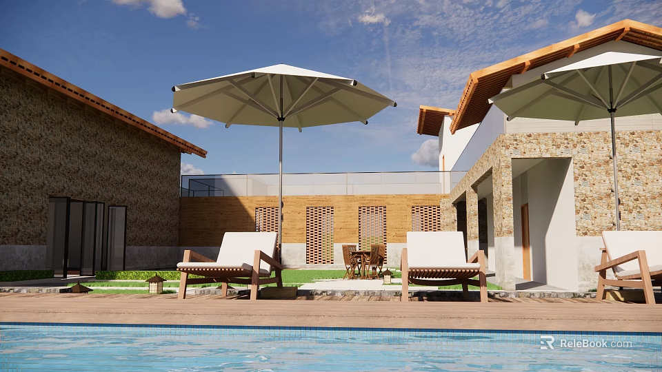 Stone And Wooden Boutique Villa Exterior With Swimming Pool Lounge Chairs And Umbrella 3d model 