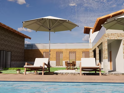 Stone And Wooden Boutique Villa Exterior With Swimming Pool Lounge Chairs And Umbrella 3d model