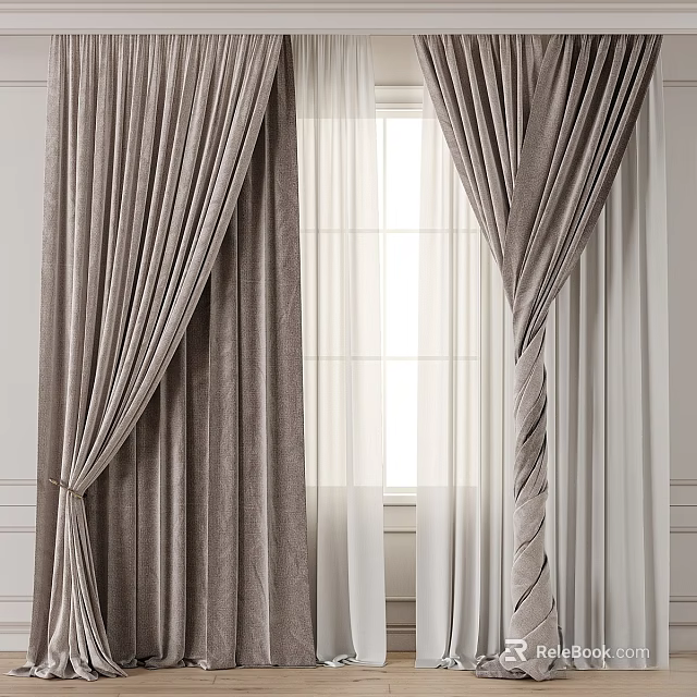 Elegant Gray Velvet Curtains For Modern Window With White Panels 3d model