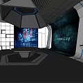 Futuristic Exhibition Hall With Hexagonal Platform Large Digital Screens And Blue Tech Background