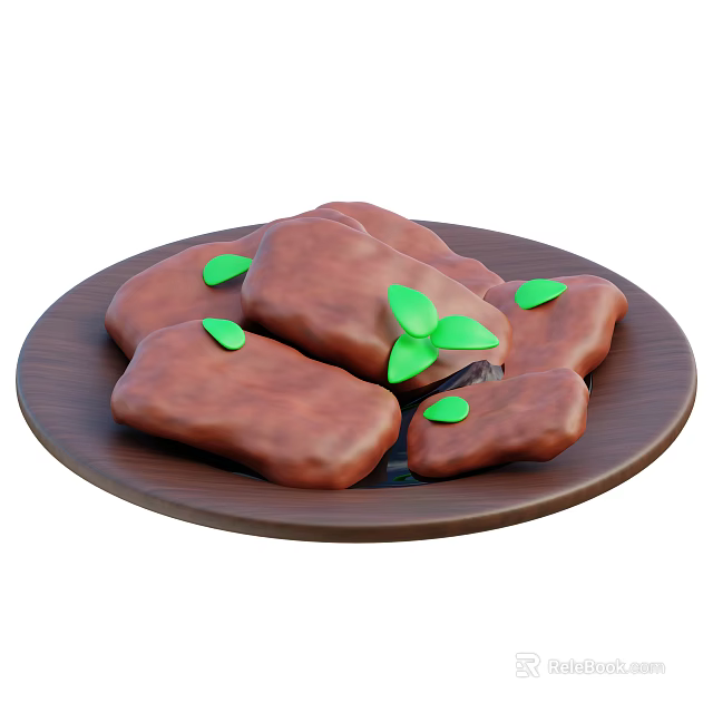 Delicious Brown Pastries Decorated With Fresh Green Leaves On Wooden Plate 3d model 