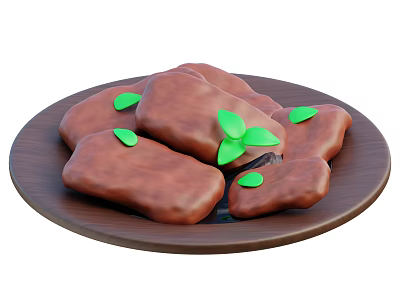 Delicious Brown Pastries Decorated With Fresh Green Leaves On Wooden Plate 3d model