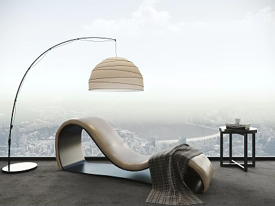 Modern Curved Lounge Chair With Plush Blanket Arc Floor Lamp Side Table And City View 3d model