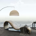 Modern Curved Lounge Chair With Plush Blanket Arc Floor Lamp Side Table And City View