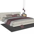 Modern Double Bed with White Headboard Gray Pink Pillows Pink Throw Blanket and Bedside Rug