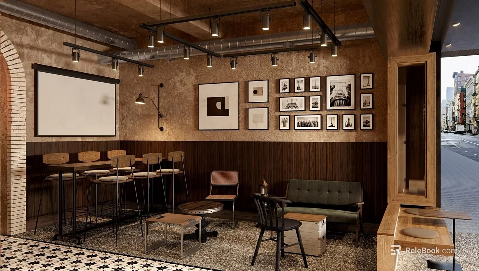 Modern Café Interior With Wooden Walls Framed Photos Pendant Lights And Seating Area 3d model 