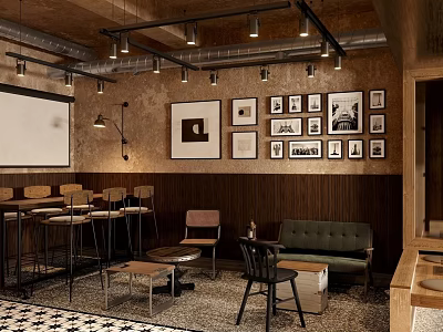 Modern Café Interior With Wooden Walls Framed Photos Pendant Lights And Seating Area 3d model