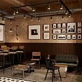 Modern Café Interior With Wooden Walls Framed Photos Pendant Lights And Seating Area