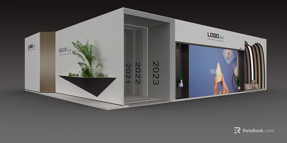 Modern Exhibition Booth With 2021 2022 2023 Numbers LOGO Green Plants And Large Screen 3d model 