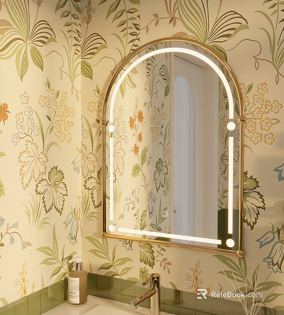 Elegant Arched Gold Frame Bathroom Mirror With LED Backlit And Floral Wallpaper Decor 3d model 
