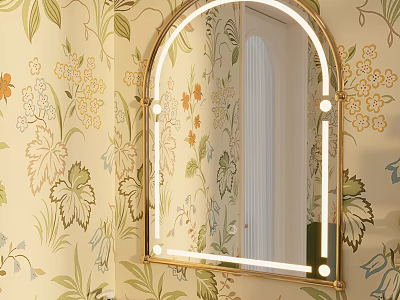 Elegant Arched Gold Frame Bathroom Mirror With LED Backlit And Floral Wallpaper Decor 3d model