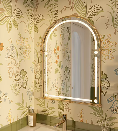 Elegant Arched Gold Frame Bathroom Mirror With LED Backlit And Floral Wallpaper Decor 3d model