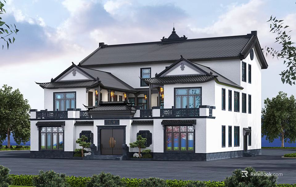 Traditional Chinese Style Detached Villa Exterior With Black Roof And White Walls 3d model 