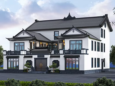 Traditional Chinese Style Detached Villa Exterior With Black Roof And White Walls 3d model