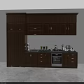 Modern Kitchen With Dark Brown Wooden Upper And Lower Cabinets And Countertop Appliances