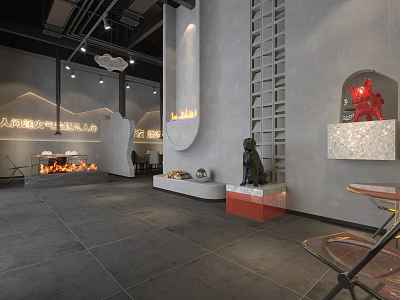 Hotpot Restaurant Modern Interior With Open Space Gray Walls Red Sculpture And Fireplace 3d model