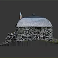 Traditional Stone Cottage Model With Slate Roof Blue Door Chimney And Greenery