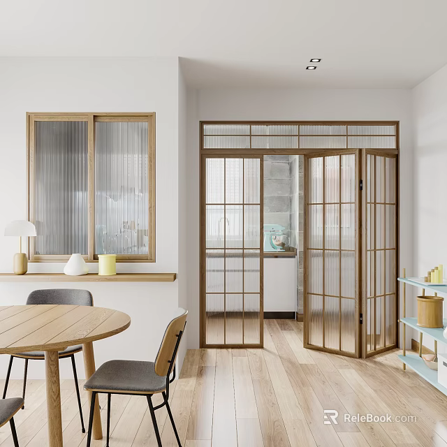 Minimalist Restaurant Interior With Wooden Dining Table Chairs Glass Sliding Doors And Light Wooden Floor 3d model 