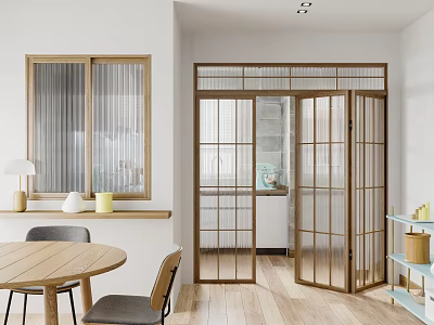 Minimalist Restaurant Interior With Wooden Dining Table Chairs Glass Sliding Doors And Light Wooden Floor 3d model
