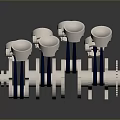 White Mechanical Components With Blue Details Arranged In Row On Dark Reflective Surface